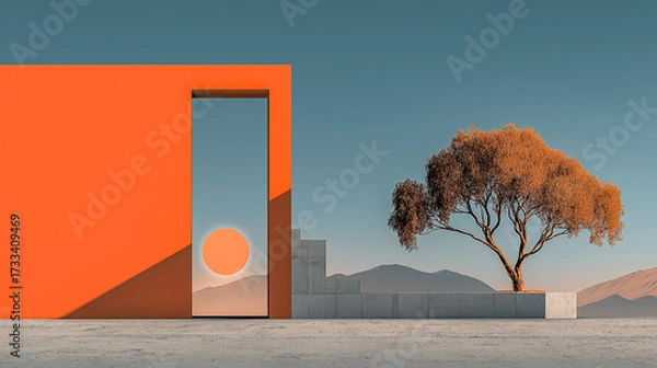 Fototapeta Minimalistic Landscape with Orange Wall and Tree