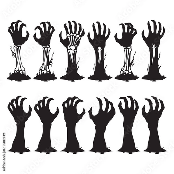 Fototapeta a set of 12 black zombie hand silhouettes rising from the ground in a horror and Halloween style 