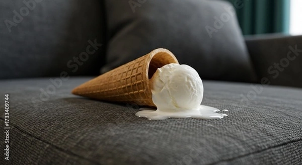Fototapeta Fallen Treat: A Scoop of Vanilla Ice Cream Melting on a Textured Grey Sofa
