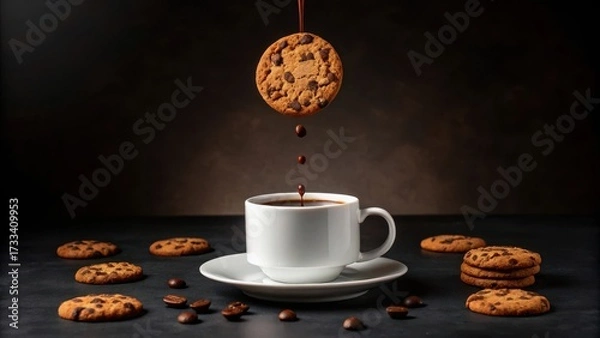 Fototapeta Delicious chocolate chip cookie dropping into white coffee cup with coffee beans scattered around