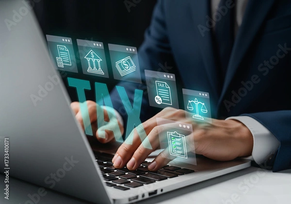 Obraz Digital Tax Filing and Financial Compliance Interface, Laptop shows glowing TAX icon with legal and financial symbols