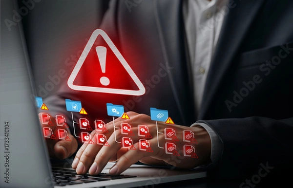 Fototapeta Cybersecurity Alert in Digital Business Environment, Critical warning icon signals data breach in corporate workspace