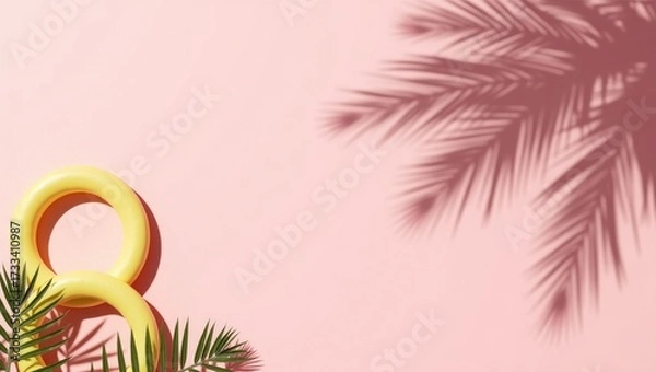 Fototapeta Summer Minimalist Background with Palm Shadow and Inflatable Rings