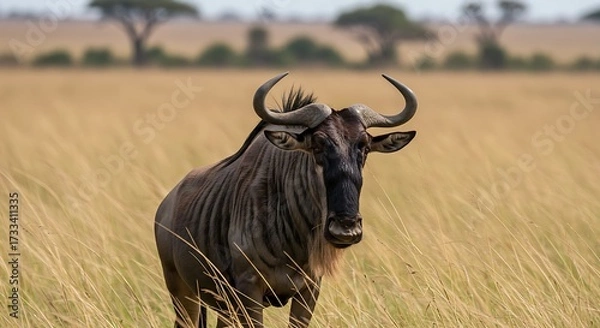 Obraz Wildebeest standing in a grassy field during daylight wildlife portrait