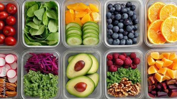 Fototapeta Variety of fresh fruits and vegetables containers including tomatoes spinach cucumbers blueberries oranges radishes cabbage avocados raspberries