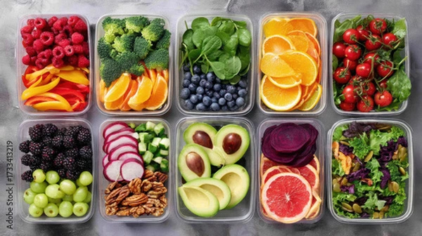 Fototapeta Variety of fresh fruits and vegetables in containers including berries broccoli spinach citrus tomatoes and avocado displayed on gray surface