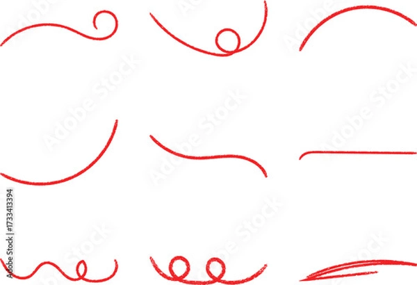 Fototapeta Nine red handdrawn lines show diverse curved shapes on a white backdrop