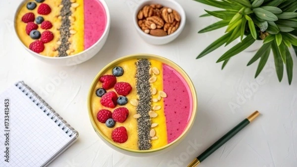 Fototapeta Vibrant and healthy smoothie bowls topped with fresh berries and seeds for a delicious breakfast meal