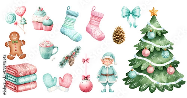 Obraz A set of Christmas watercolor illustrations for scrapbooking, stickers, invitations, and greeting cards.