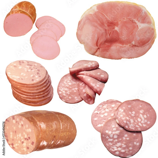 Obraz Assorted sliced sausages and ham isolated on transparent background, variety of deli meat products