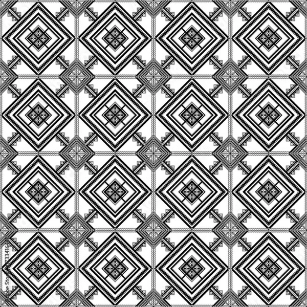 Fototapeta Geometric pattern featuring interlocking squares and diamonds in black and white, creating visually striking design