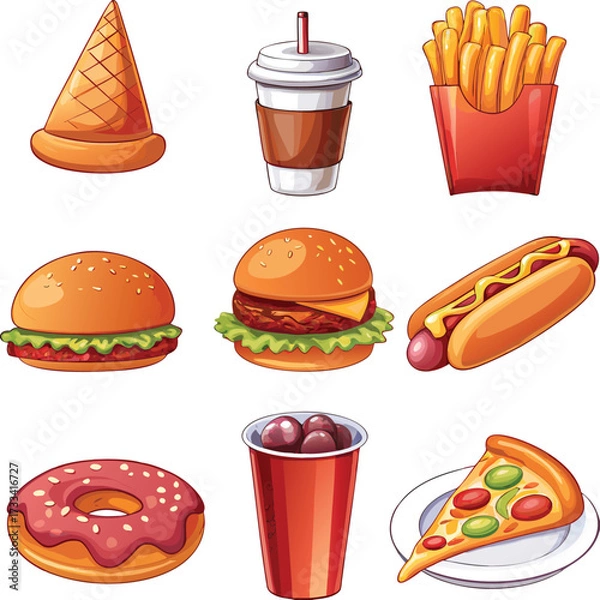 Fototapeta A Colorful Cartoon Collection of Classic Fast Food Items Demonstrating a Variety of Popular Choices and Common Culinary Delights