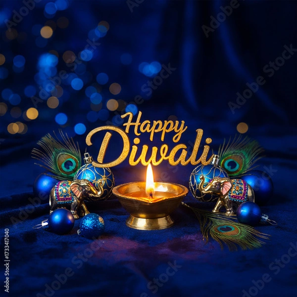 Fototapeta Happy Diwali Celebration with Lit Diya, Ornaments, and Peacock Feathers