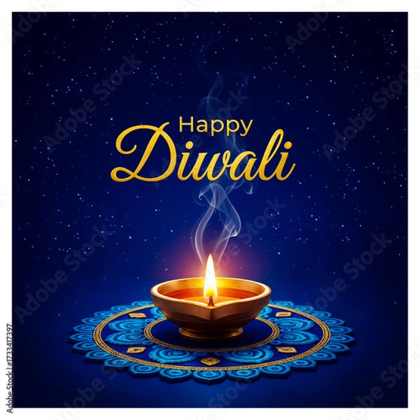 Fototapeta Happy Diwali Greeting with Lit Diya and Decorative Mandala
