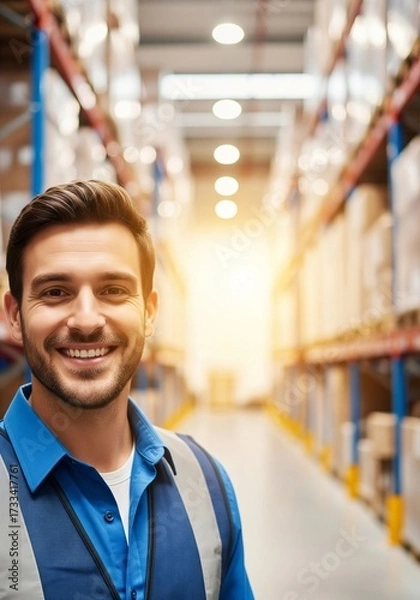 Fototapeta Portrait of a happy young worker against the backdrop of a sunlit warehouse. The concept of job satisfaction, career growth, and a positive corporate culture in distribution and logistics.