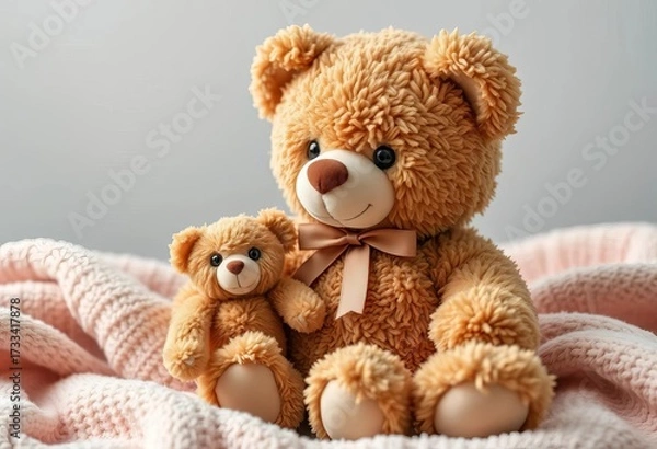 Obraz Adorable brown teddy bear with matching smaller plush bear, sitting on soft blanket,  playtime,  small