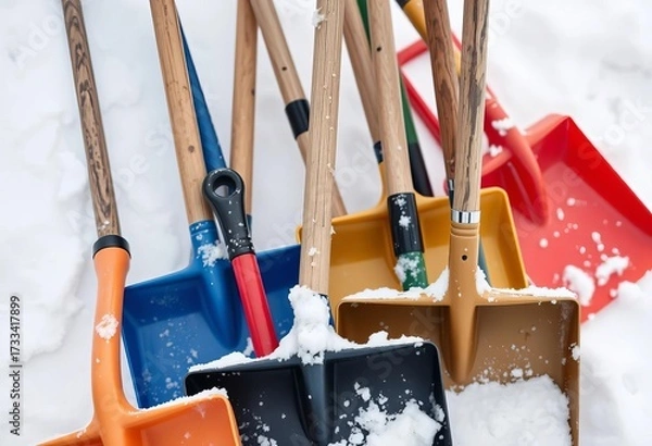 Obraz Close-up of various snow shovels, different sizes and styles, snow shovel,  winter