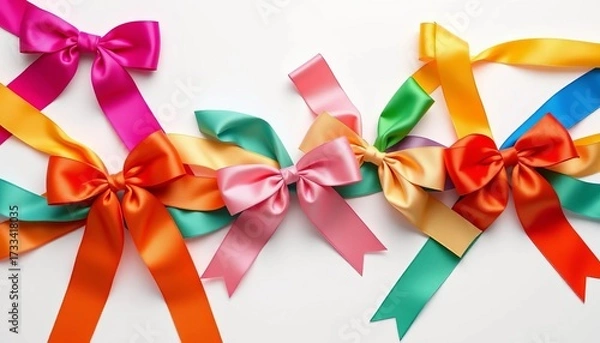 Obraz Assorted colorful satin ribbons tied in bows on white background, smooth, holiday