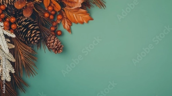 Fototapeta Colorful autumn decorations with pinecones and foliage on teal background