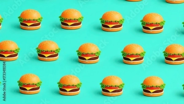Fototapeta A repeating pattern of delicious cheeseburgers arranged in a grid on a vibrant turquoise background.