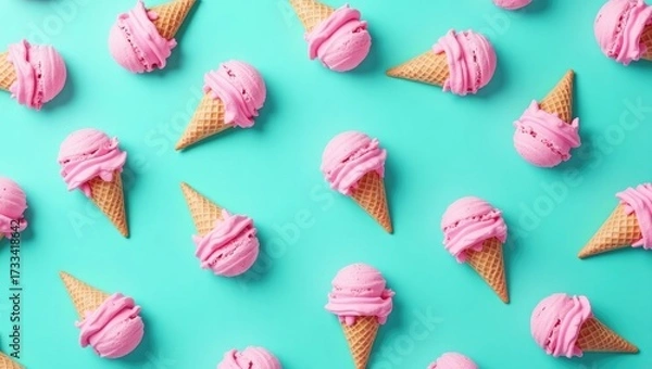 Fototapeta A vibrant pattern of pink strawberry ice cream scoops in waffle cones on a bright turquoise background.