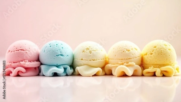 Fototapeta A neat row of five colorful pastel ice cream scoops in pink, blue, and yellow hues on a reflective surface.
