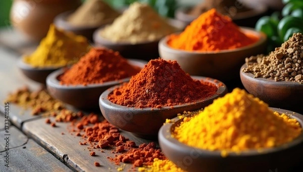 Fototapeta Vibrant mounds of assorted ground spices in small wooden bowls on a rustic table.