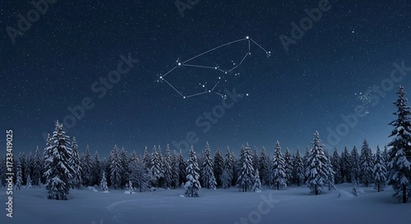 Obraz Winter night landscape with starry constellation above snow covered forest