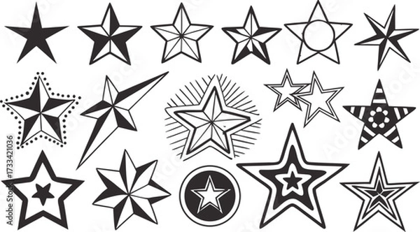 Fototapeta Assorted Hand Drawn Star Illustrations a Celestial Collection of Black and White Starry Designs for Decoration