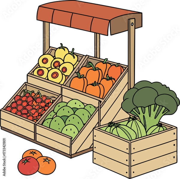 Fototapeta Charming Vegetable Stand Featuring Fresh Produce Assortment Displayed in Wooden Crates, Including Tomatoes, Peppers, Avocados, Zucchinis, and Broccoli