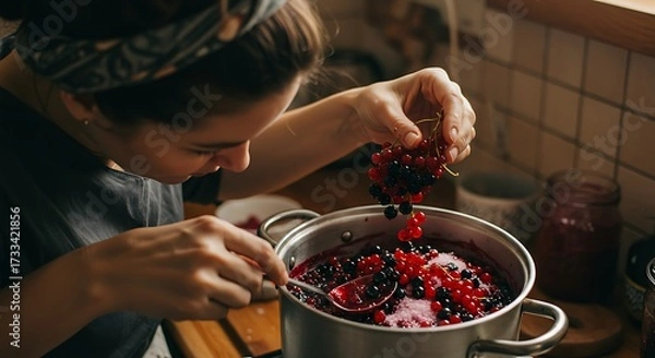 Obraz Woman cooking berries in a pot indoors preparing ingredients