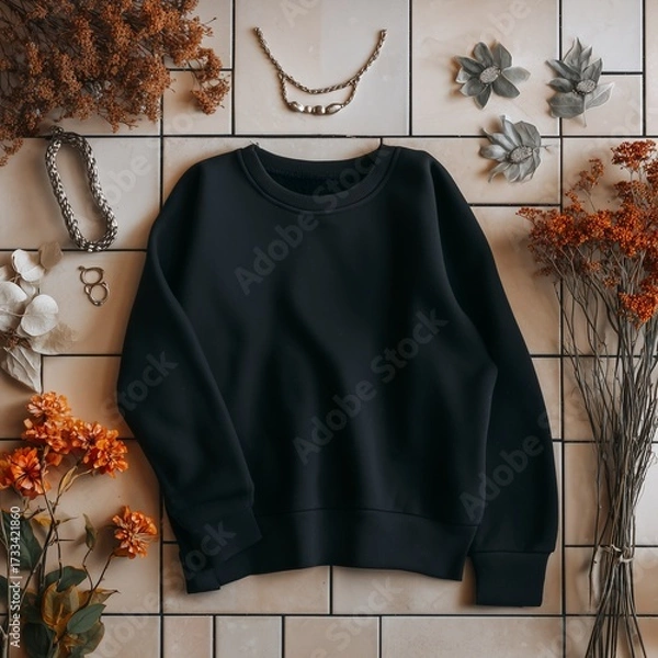 Fototapeta Flat lay of a black long-sleeve sweatshirt mockup on geometric tiles surrounded by autumn decorative items and jewelry for print design and seasonal fashion display