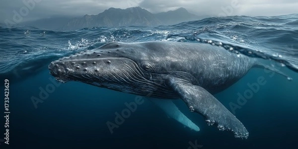 Fototapeta A whale is swimming in the ocean
