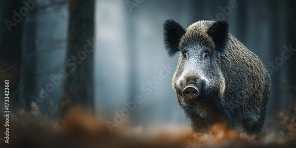 Fototapeta A wild boar is standing in a forest.