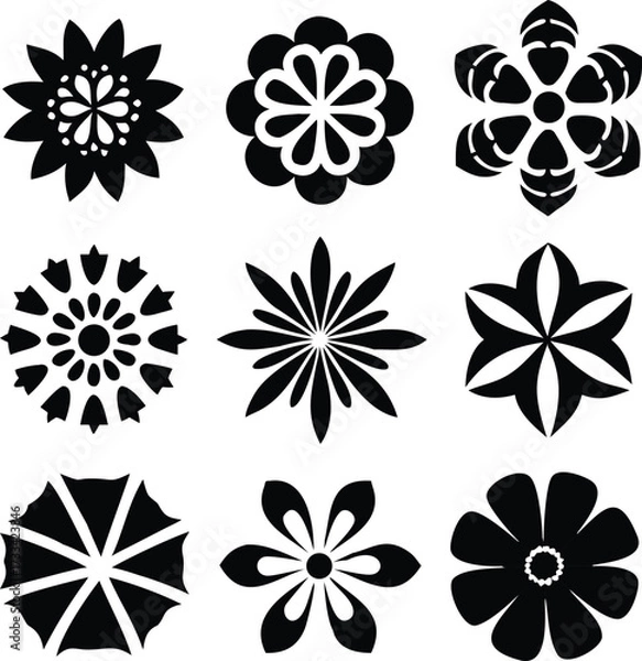 Fototapeta Elegant Black and White Floral Vector Graphics Collection Assortment of Diverse Flower Designs for Creative Projects and Ornamental Applications