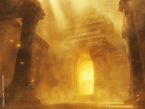 Obraz Mystical Ancient Temple Ruins bathed in Golden Light and Heavy Atmosphere