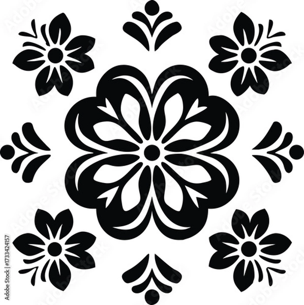 Fototapeta Symmetrical Floral Medallion Design with Ornate Petals and Flourishes A Decorative Motif for Textiles and Crafts With a Black and White Palette