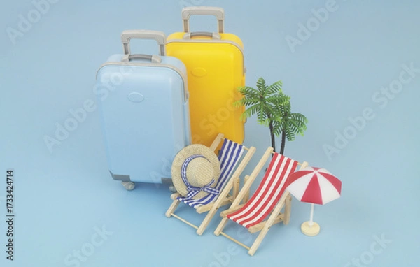 Fototapeta Blue and red beach chairs with hat, umbrella, suitcases and palm tree on blue background. Copy space for text. Travel and vacation concept.