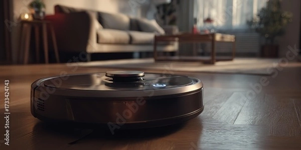 Fototapeta A robot vacuum cleaner is on the floor in a living room