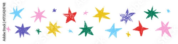 Obraz Color stars set with chalk, charcoal texture. Naive hand drawn scribble crayons stars. Doodle grunge design elements kids vector illustration isolated on transparent background