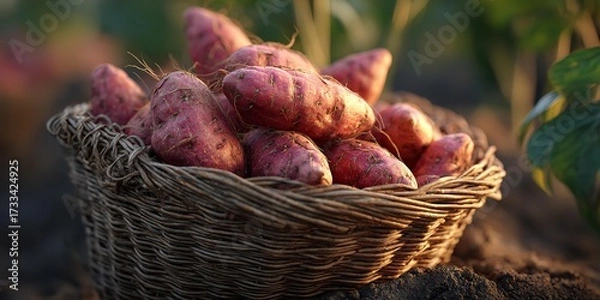 Fototapeta A basket full of red potatoes or batata