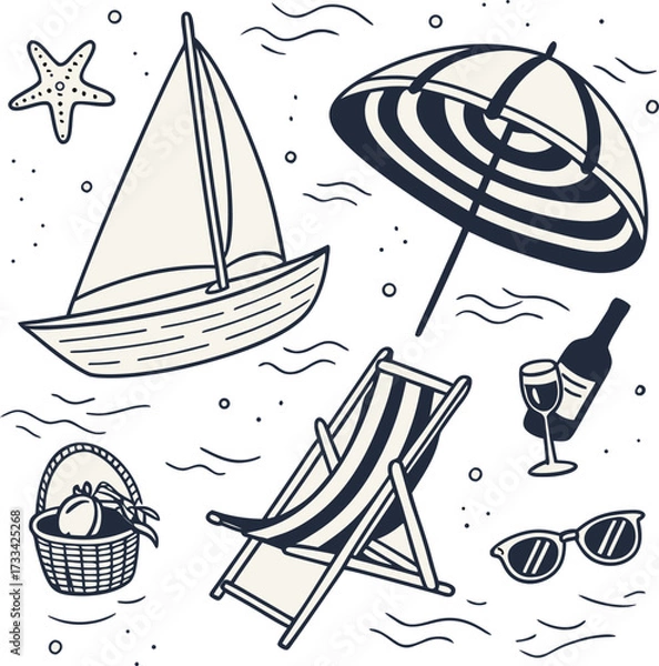Fototapeta A Relaxing Beach Getaway Depicted in a Playful Hand Drawn Style with Classic Vacation Elements and Nautical Touches