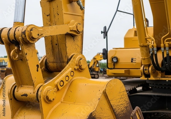 Fototapeta Close-up of yellow excavator bucket and hydraulic system at a construction site