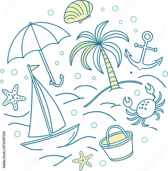 Fototapeta Whimsical Beach Day Adventure A Playful Illustration with Seaside Elements and Summery Fun for Relaxation and Imagination