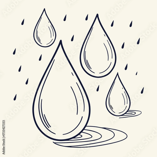 Fototapeta Illustration of several large rain drops falling with smaller rain drops in the background in black outline