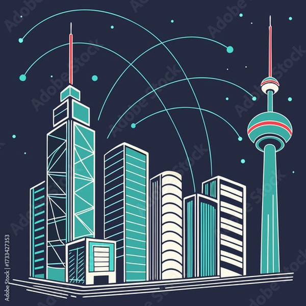Fototapeta Illustration of a futuristic cityscape with buildings, tower, and connecting lines in teal and red colors