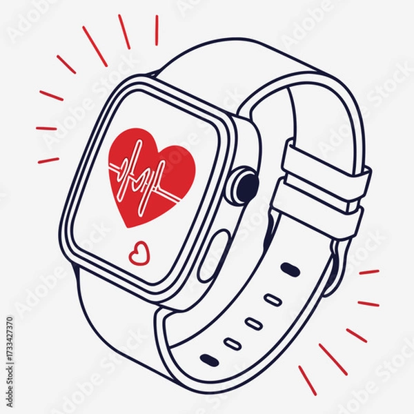Fototapeta Illustration of a smartwatch with a red heart and heartbeat line on the screen and white band design