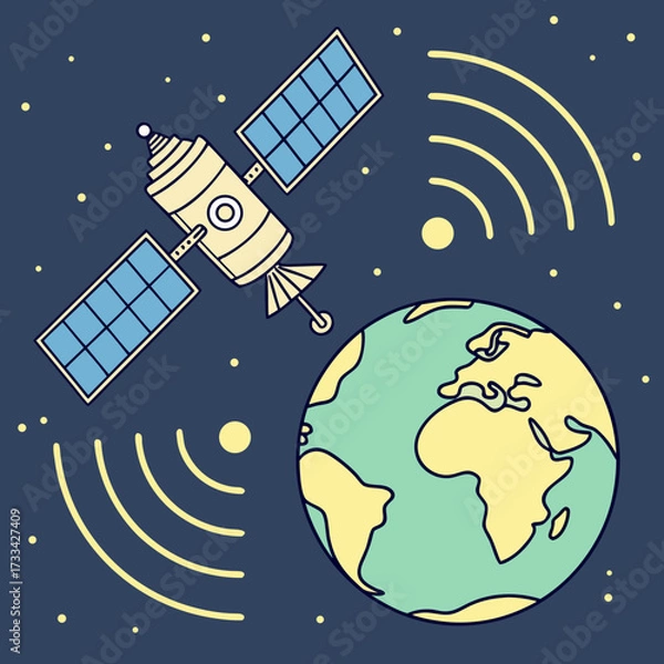 Fototapeta Illustration of a satellite orbiting earth with communication signals in a starry dark blue sky scene