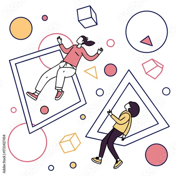 Fototapeta Two people floating amidst geometric shapes and circles in a whimsical abstract composition art