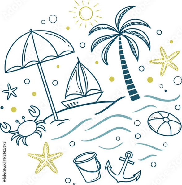 Fototapeta A Day at the Beach Nautical Cartoon Illustration with Crab, Beach Ball, Anchor, Palm Tree and Sailboat, Sunshine and Starfish